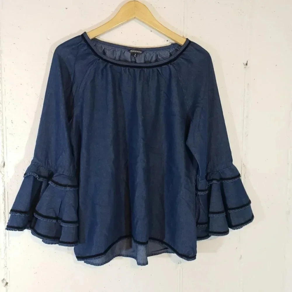 Hannah M boho denim top w/oversized bell sleeves top